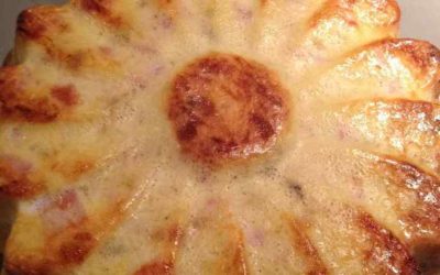 Quiche sans pâte pomme de terre, oignons,champignons et jambon