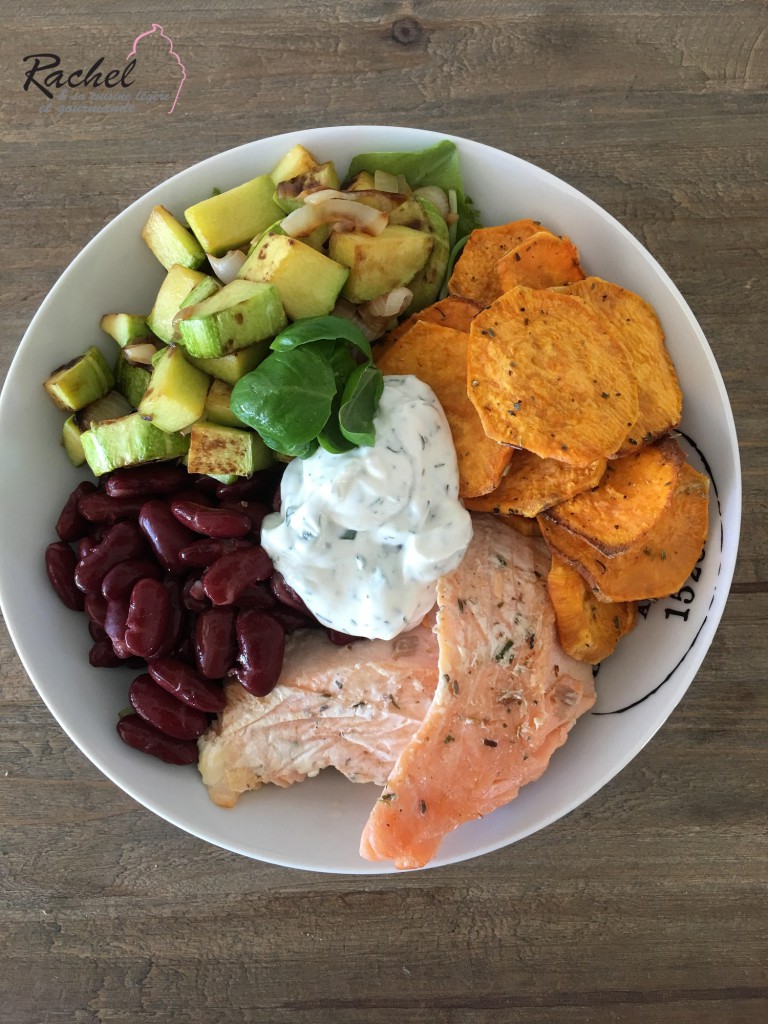 Assiette complète : Saumon, chips de patate douce, courgettes et tzatziki