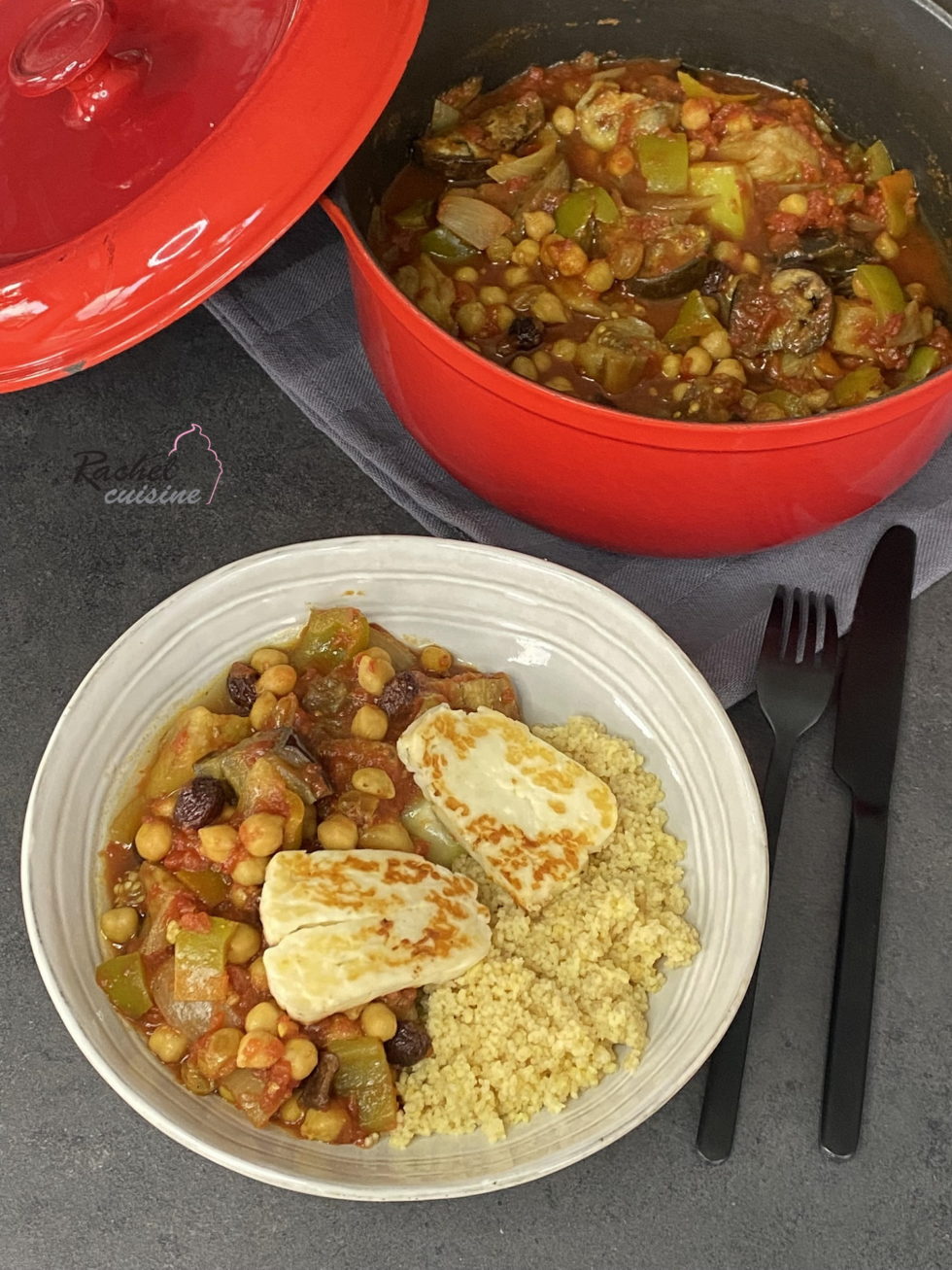 Tajine aubergines et pois chiches, semoule et halloumi Rachel Cuisine
