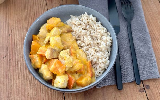 Une blanquette de poulet, châtaigne et potimarron