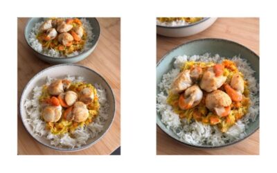 Saint Jacques poêlées, fondue poireaux, carottes et riz